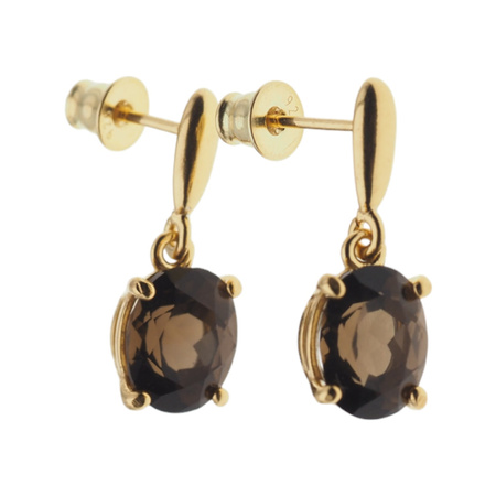 Kolczyki na wiszących sztyftach - Kwarc dymny owal (szlif diamentowy) w srebrze złoconym