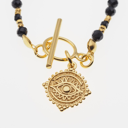 Naszyjnik- Turmalin czarny kulki, zawieszka oko proroka i srebro złocone