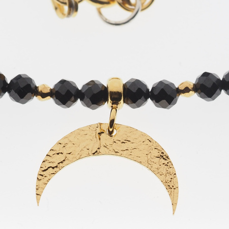 Naszyjnik Lunula z księżycem - Spinel fasetowane kulki, Hematyt i srebro złocone
