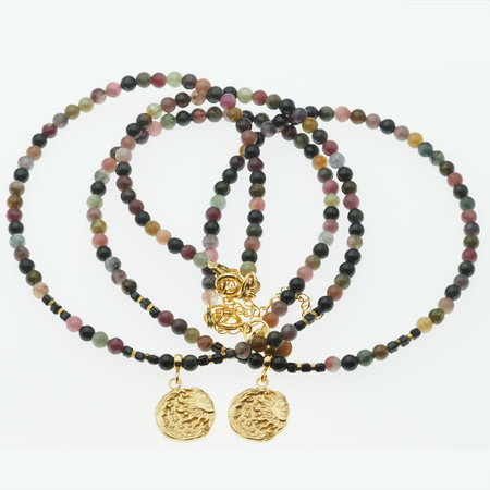 Naszyjnik regulowany - Turmalin kolorowy kulki, zawieszka słońce i srebro złocone