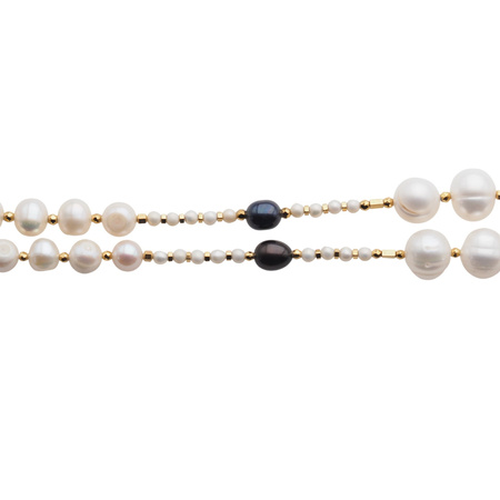 Naszyjnik długi - Białe, czarne Perły hodowane i srebro złocone