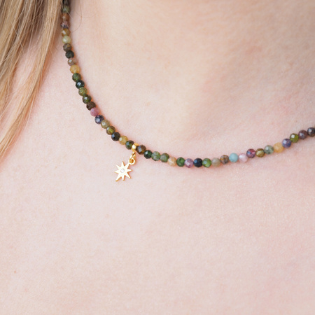 Naszyjnik regulowany - Turmalin kolorowy fasetowane kulki i srebro złocone