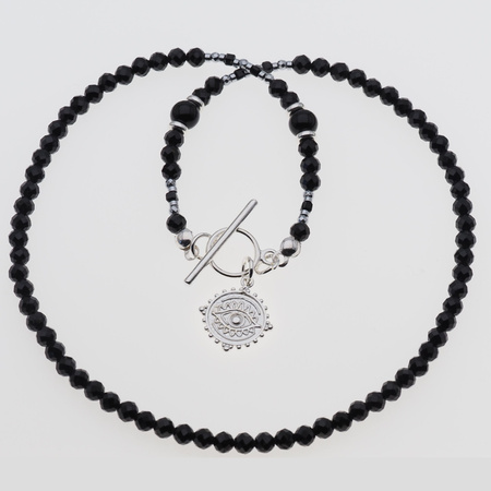 Naszyjnik- Turmalin czarny kulki, zawieszka oko proroka i  srebro