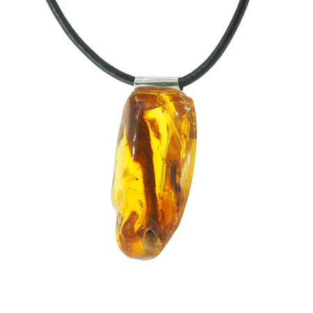 Naszyjnik  na rzemieniu -  przezroczysty Bursztyn z gałęzią oraz muchami