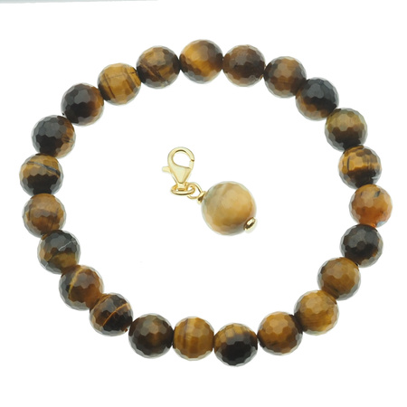 Bransoletka - Tygrysie Oko cięte kulki i srebro złocone