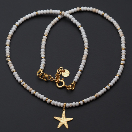 Naszyjnik - Howlit, Hematyt złoty, rozgwiazda i srebro złocone