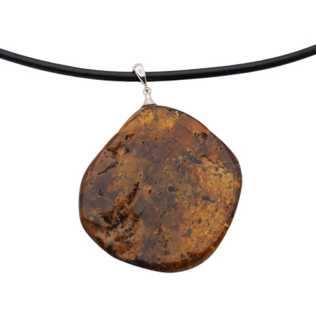 Naszyjnik na rzemieniu - Bursztyn z łuskami w srebrze