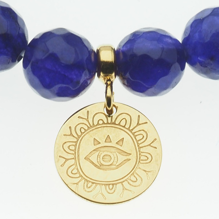 Bransoletka 18 cm - cięty Jadeit fioletowy kulki i złocone oko proroka