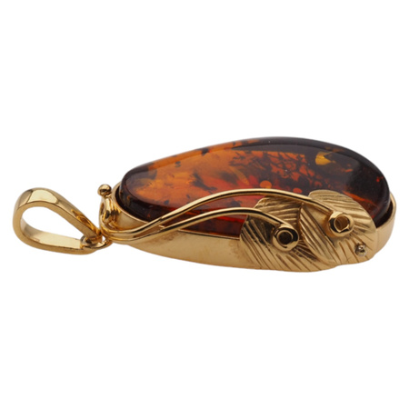 Zawieszka z liściem - Bursztyn koniakowy w srebrze złoconym