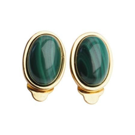 Klipsy - Malachit owalny w srebrze złoconym