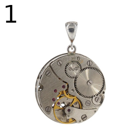 Zawieszka z okrągłym mechanizmem zegarka w srebrze.