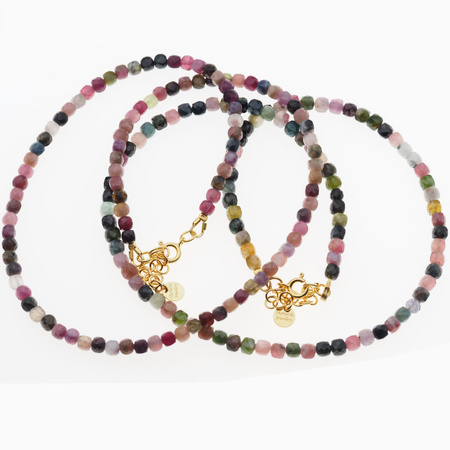 Naszyjnik regulowany - Turmalin kolorowy fasetowane kostki i srebro złocone