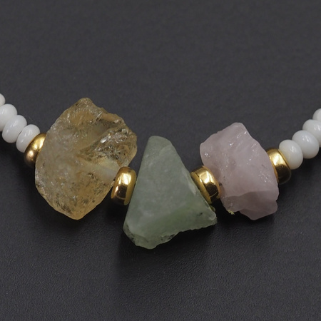 Bransoletka regulowana - Koral biały i surowe kamienie - Prehnit, Cytryn, Ametyst