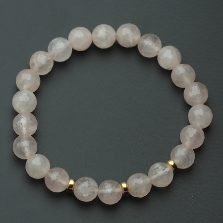 Bransoletka 18,5 cm - fasetowany Kwarc Różowy kulki 8mm i srebro złocone