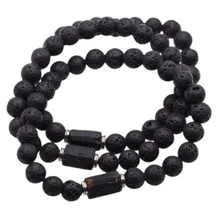 Bransoletka męska na gumce - Turmalin czarny, lawa i srebro