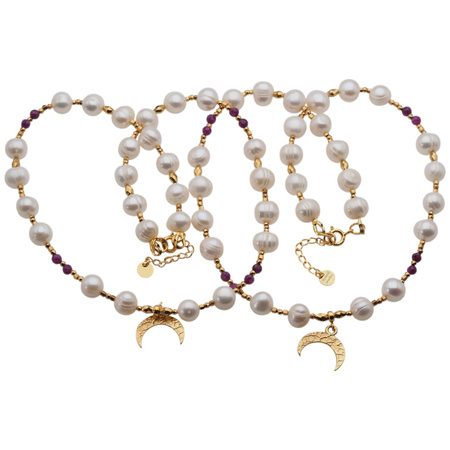 Naszyjnik - Białe Perły, Rubin, hematyt i srebro złocone