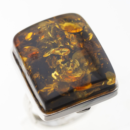 Pierścionek regulowany z prostokątnym Bursztynem Zielonym w srebrze