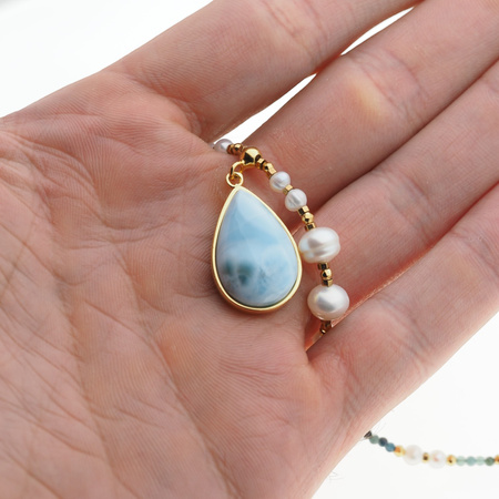 Naszyjnik z zawieszką - Larimar, Perła, Turmalin niebieski i srebro złocone