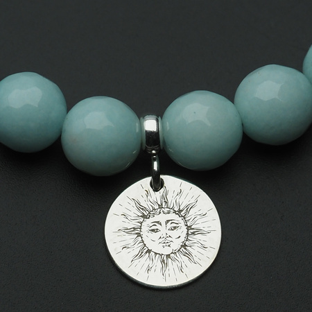 Bransoletka 18 cm - Jadeit miętowy kulki i srebrna zawieszka słońce