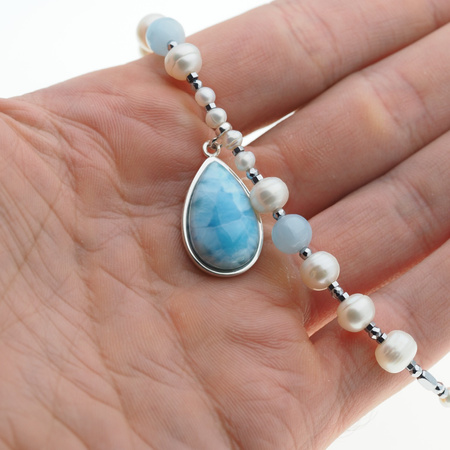 Naszyjnik z zawieszką - Larimar, Perła, Turmalin niebieski i srebro 