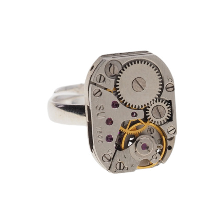 Pierścionek regulowany z mechanizmem zegarka w srebrze