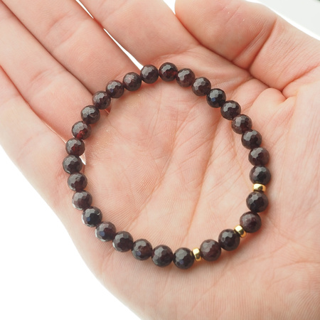 Bransoletka na gumce - fasetowany Granat kulki 7mm i srebro złocone