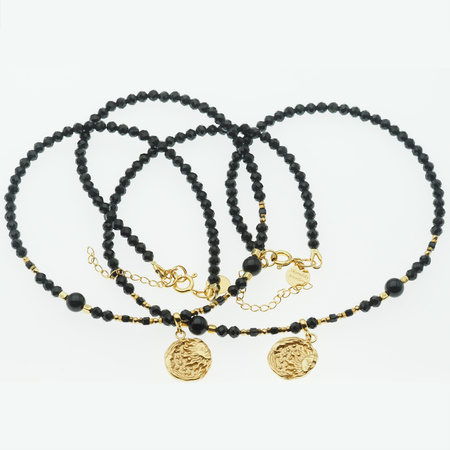 Naszyjnik regulowany - Turmalin czarny kulki, zawieszka słońce i  srebro złocone