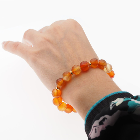 Bransoletka 18 cm - cięty Karneol kulki 10mm i srebro złocone