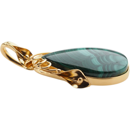 Zawieszka malachit łza w srebrze złoconym z liśćmi