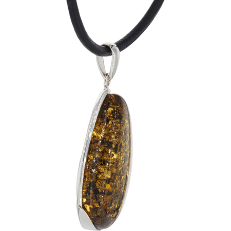 Naszyjnik na rzemieniu - zielony Bursztyn z łuskami w srebrze 