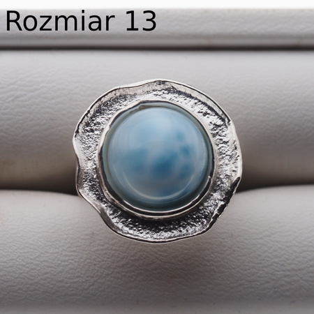 Pierścionek regulowany - okrągły Larimar w srebrze młotkowanym