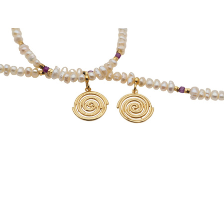 Naszyjnik - Białe Perły hodowane, Rubin, Hematyt i srebro złocone