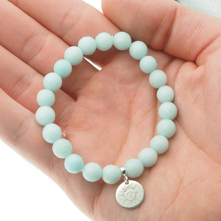 Bransoletka 18 cm - Jadeit miętowy kulki i srebrna zawieszka słońce