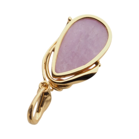 Zawieszka - Kunzyt łza w srebrze złoconym z liśćmi