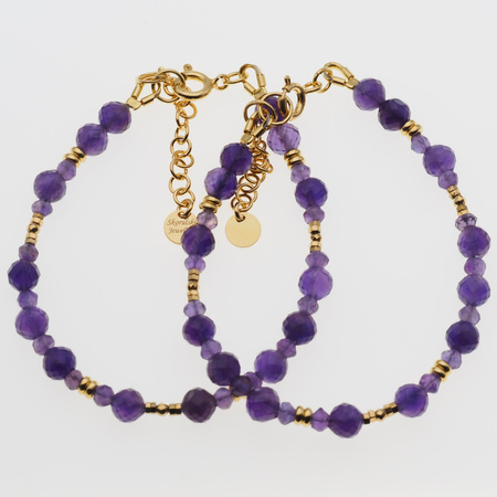 Bransoletka regulowana - Ametyst fasetowany, hematyt i srebro złocone