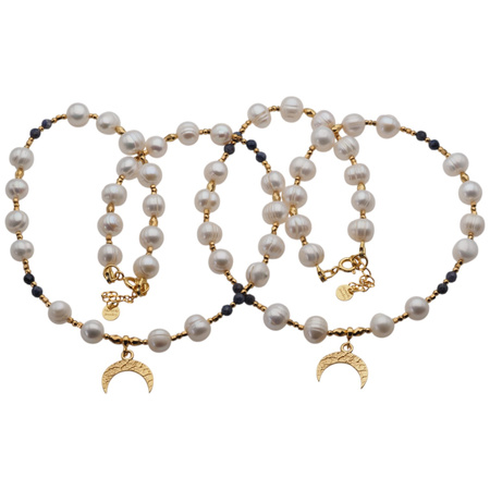 Naszyjnik - Białe Perły, Szafir, hematyt i srebro złocone