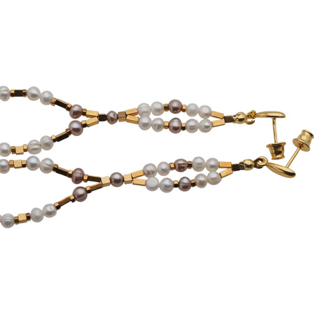 Kolczyki wiszące sztyfty - Perły biały, różowe i srebro złocone