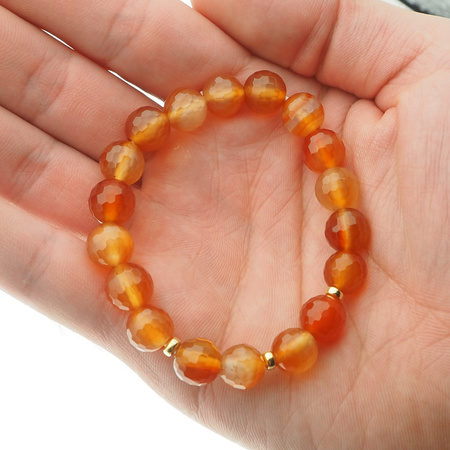 Bransoletka 18 cm - cięty Karneol kulki 10mm i srebro złocone