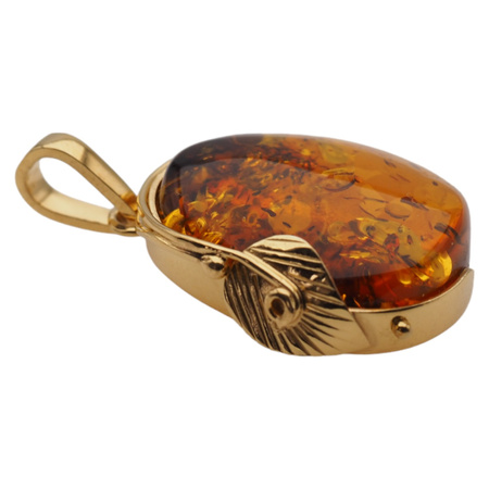 Zawieszka z liściem - Bursztyn koniakowy w srebrze złoconym
