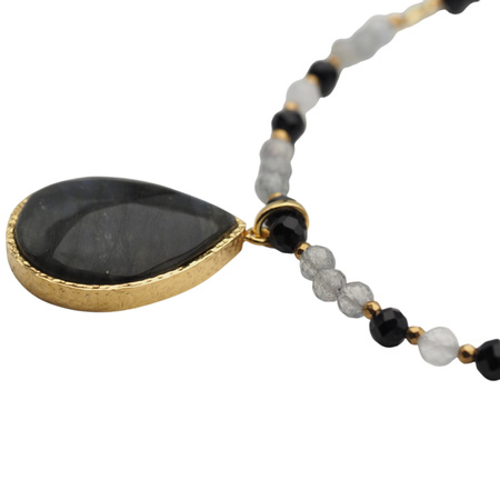 Naszyjnik - Labradoryt, Turmalin, Kamień Księżycowy, srebro pozłacane 925