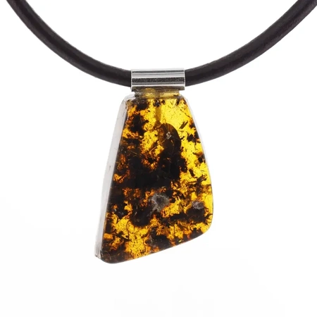 Naszyjnik  na rzemieniu - Bursztyn i srebro