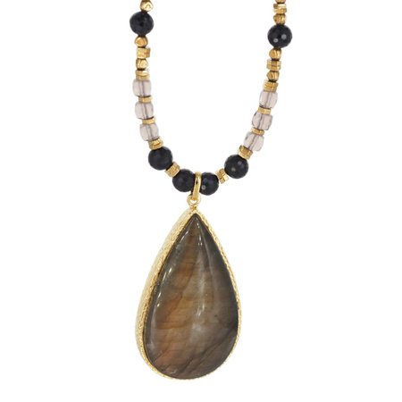 Naszyjnik z Labradorytem, Turmalinem i Kwarcem Dymnym – ręcznie wykonany, srebro pozłacane 925