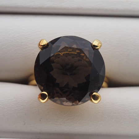 Pierścionek - Kwarc dymny okrągły (szlif diamentowy) w srebrze złoconym