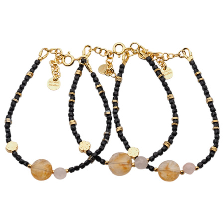 Bransoletka obfitości i ochrony - Cytryn, Turmalin czarny, Kwarc Różowy, koniczynka i srebro złocone