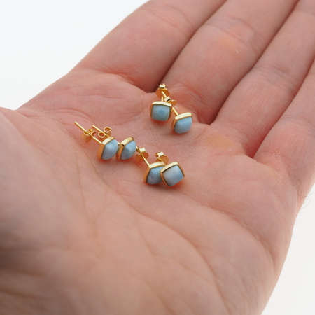 Kolczyki sztyfty - Larimar kwadraty i srebro złocone