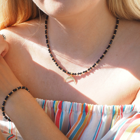 Naszyjnik Lunula z księżycem - Spinel fasetowane kulki, Hematyt i srebro złocone