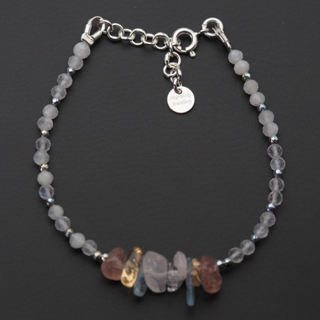Bransoletka - Kamień Księżycowy, Kwarc, Cytryn, Hematyt kostki i srebro