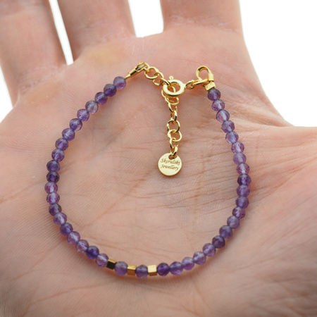 Bransoletka regulowana - Ametyst fasetowane kulki i srebro złocone