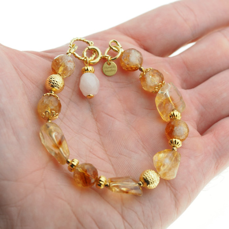 Bransoletka - Cytryn cięty, Kwarc Różowy i srebro złocone