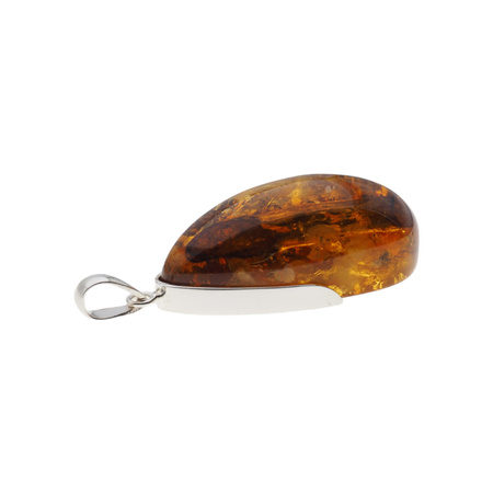 Naszyjnik na rzemieniu - Bursztyn łza z inkluzjami roślinnymi w srebrze